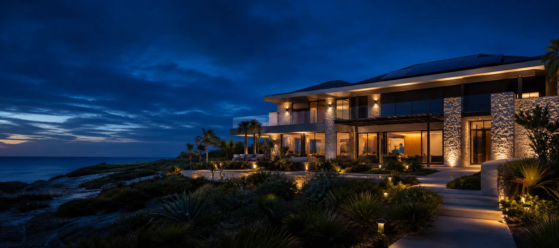 Contemporary Bahamian coastal residence at blue hour with architectural lighting and solar