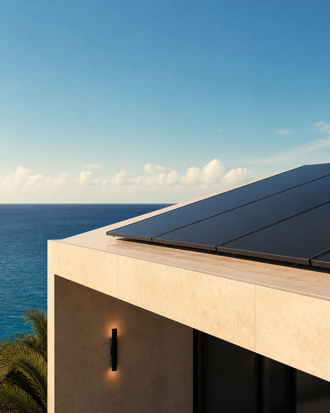 Solar panels integrated into a modern coastal property